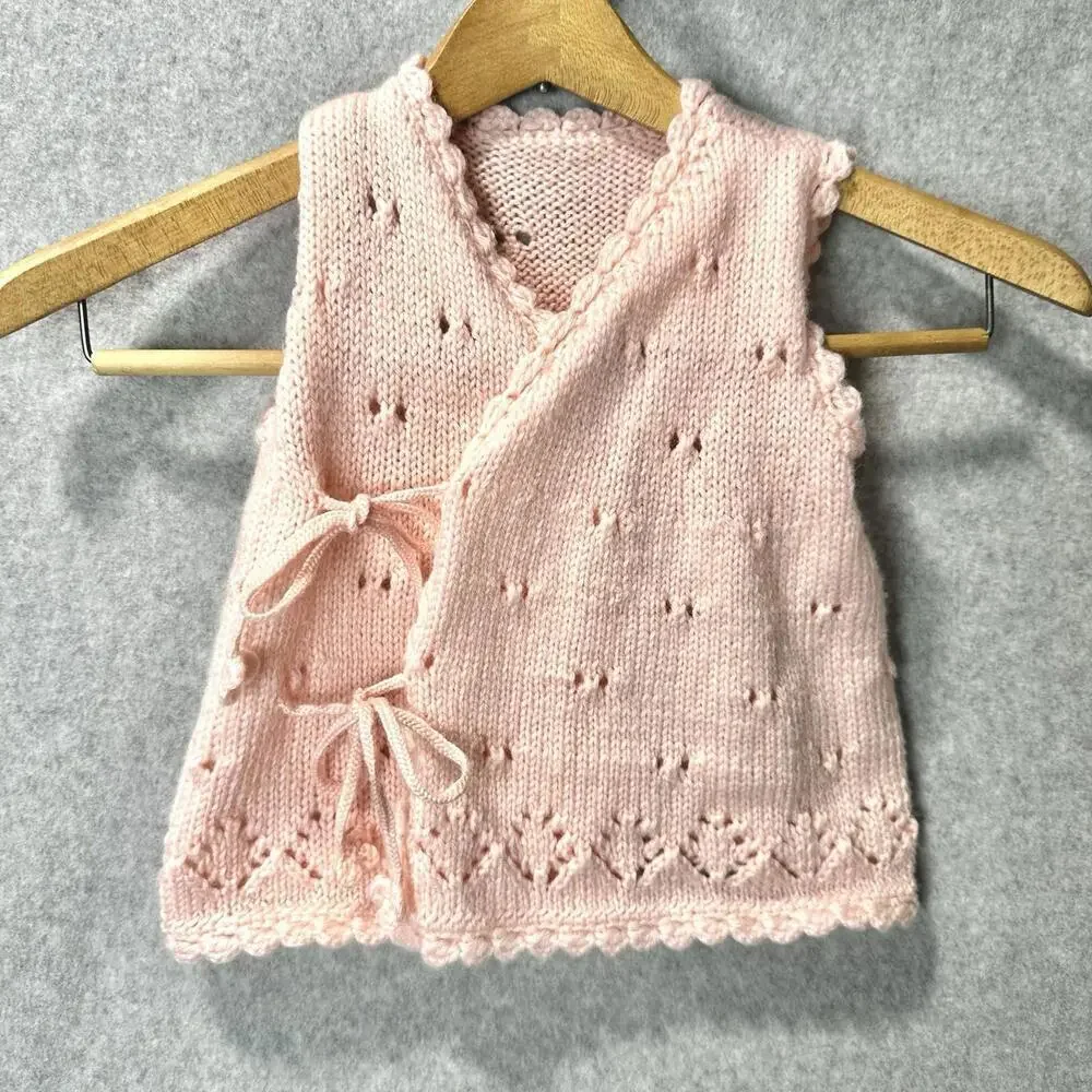 Toddler Girl Knitted Vest Pink String Closure String Eyelets Openwork Lace